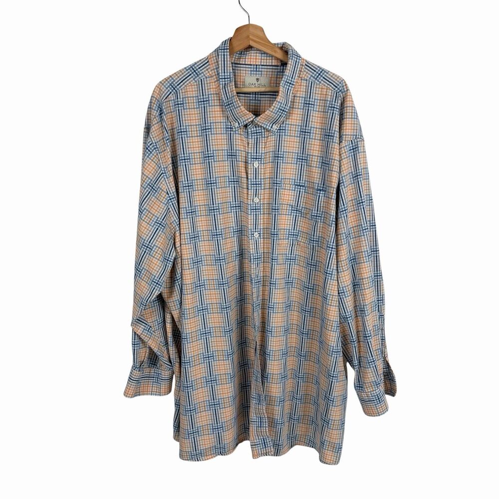 Oak Hill Mens 5XL Big & Tall Plaid Button Down Shirt Yellow Blue Long Sleeve Cot
